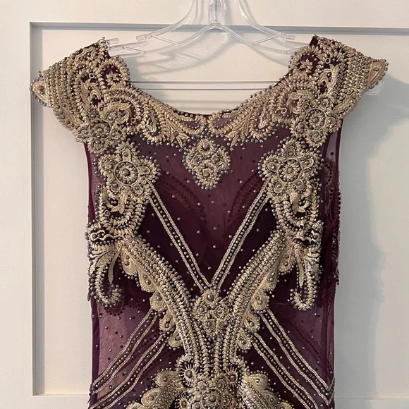 Charlotte Fashion Burgundy & Gold Embellished Gown – Size 10 - Picture 11 of 15